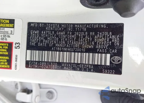 2019 Toyota Camry Xse из США, поврежденный, VIN 4T1B61HK4KU720010